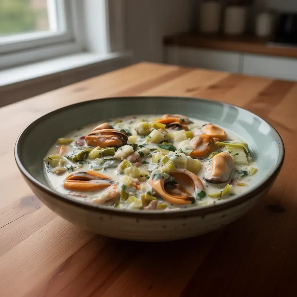 A bowl of creamy leek chowder with mussels garnished with fresh herbs.