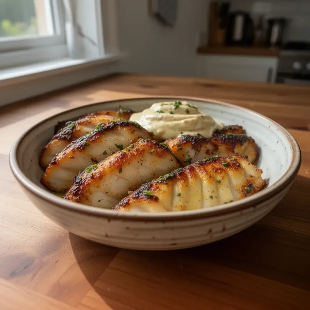 Delicious Lemon Butter Fish Bites served with garlic aioli on a plate