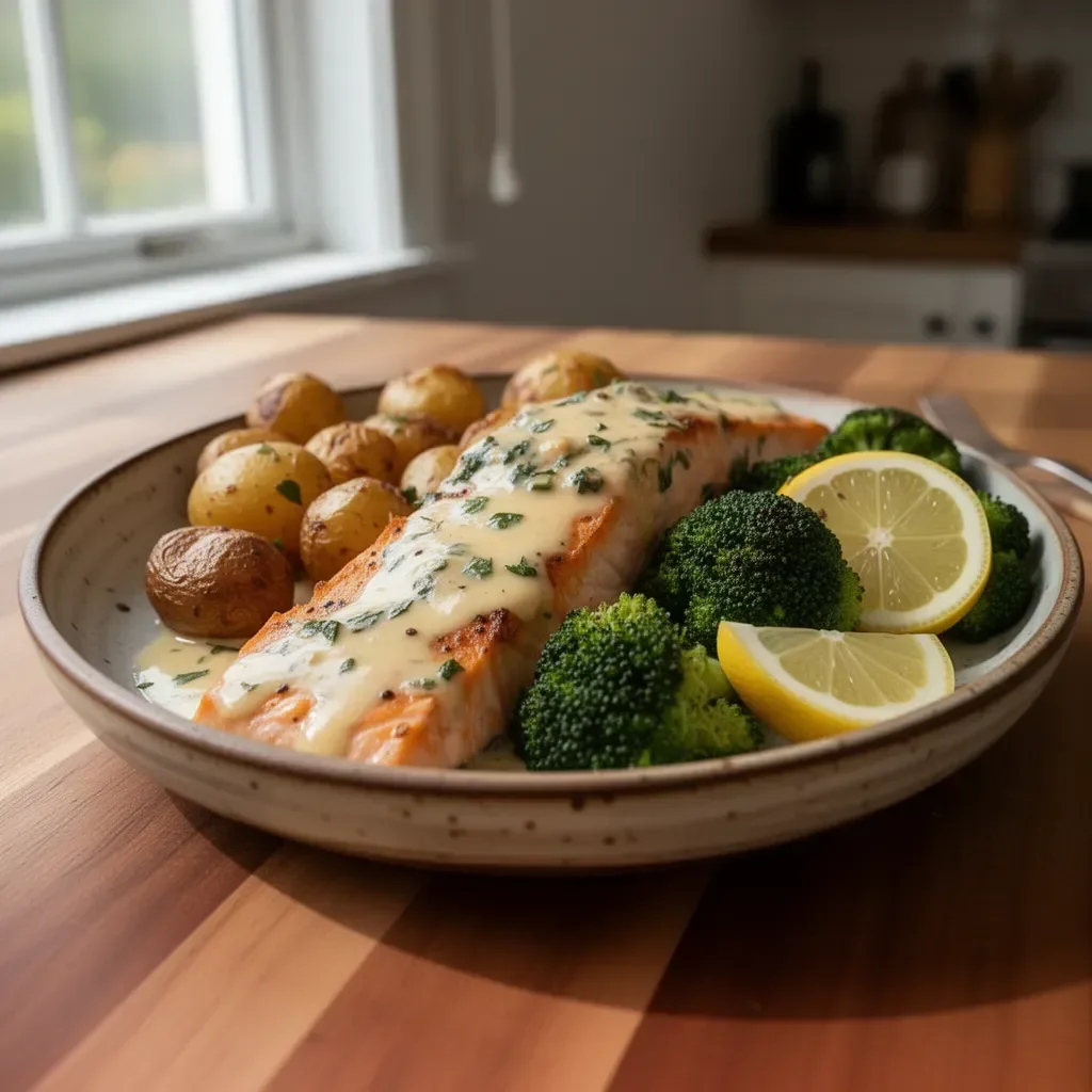 Plate of Lemon Butter Salmon with crispy potatoes and steamed broccoli