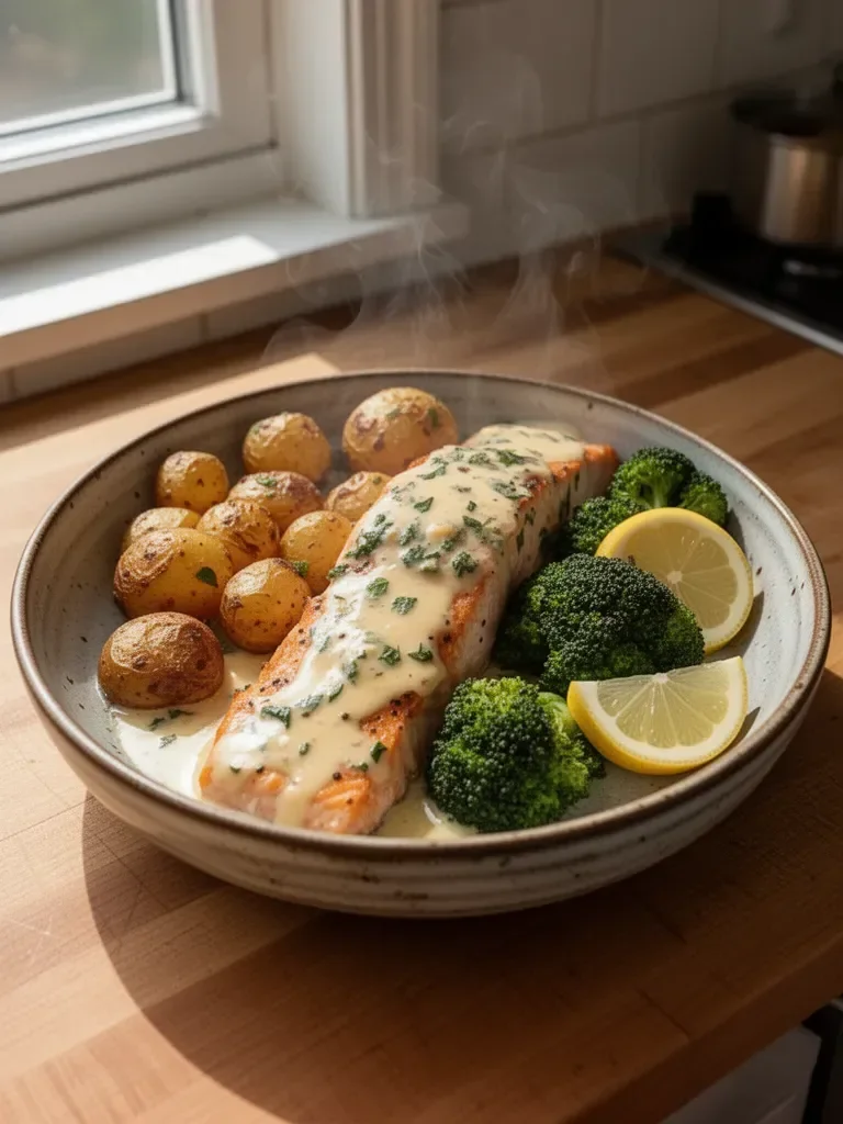 Lemon Butter Salmon with Crispy Potatoes and Broccoli