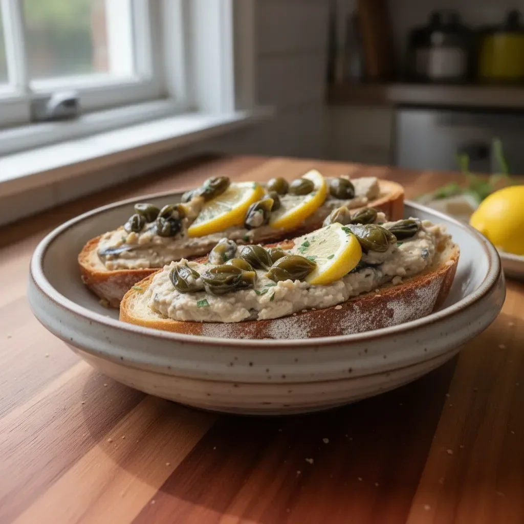 Plate of Lemon Caper Sardines Pâté Crostini garnished with herbs