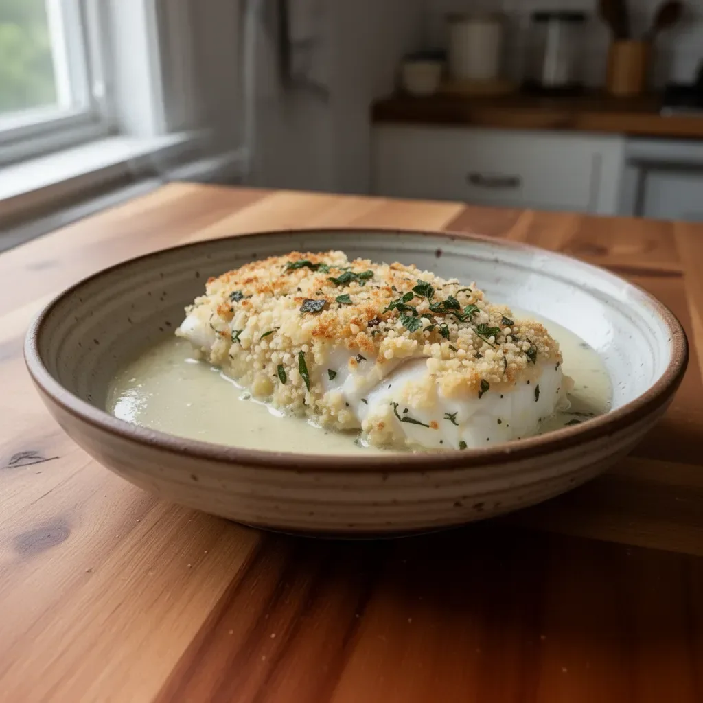 Macadamia Nut Crusted Halibut on a plate garnished with herbs