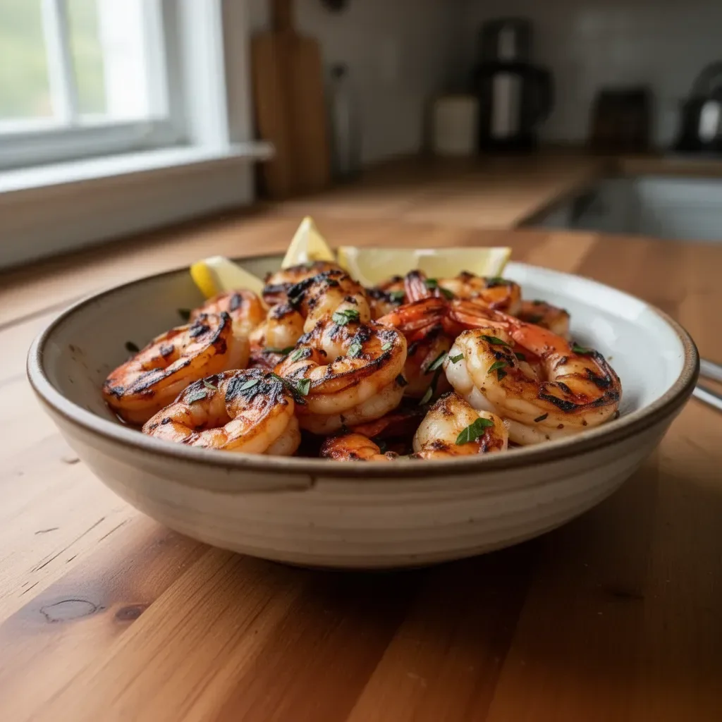 Delicious marinated grilled shrimp on a barbecue grill