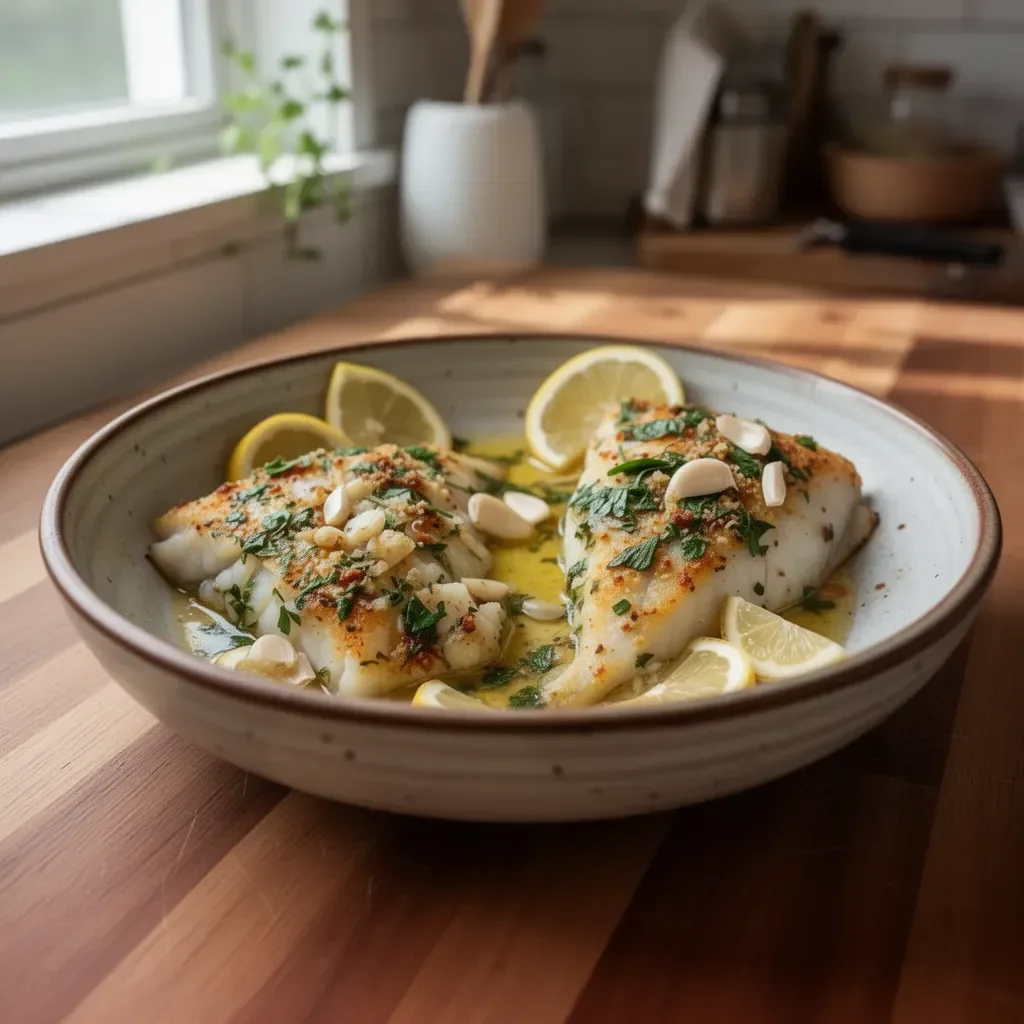 Plate of Mediterranean baked cod garnished with lemon and garlic.