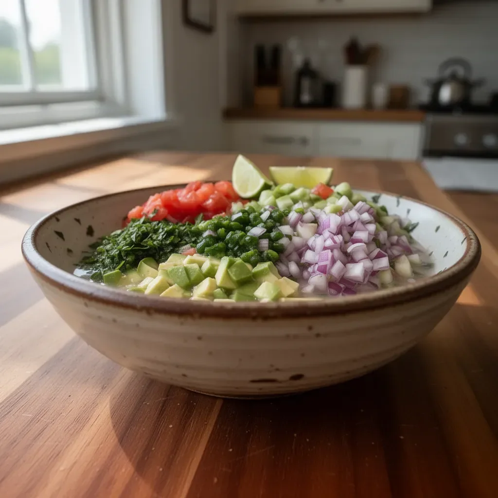 Bowl of Mexican ceviche with fresh fish, lime, and cilantro