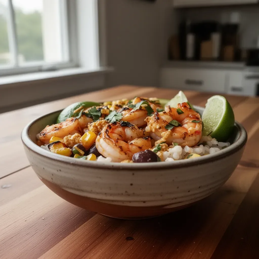 Colorful Mexican street corn shrimp bowls with fresh ingredients and spices