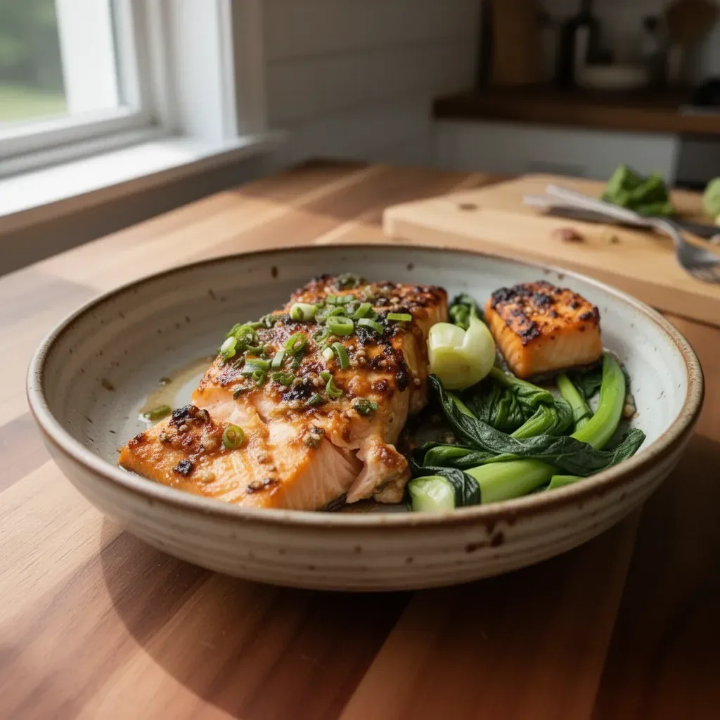 Delicious miso butter salmon fillet garnished with herbs and rice