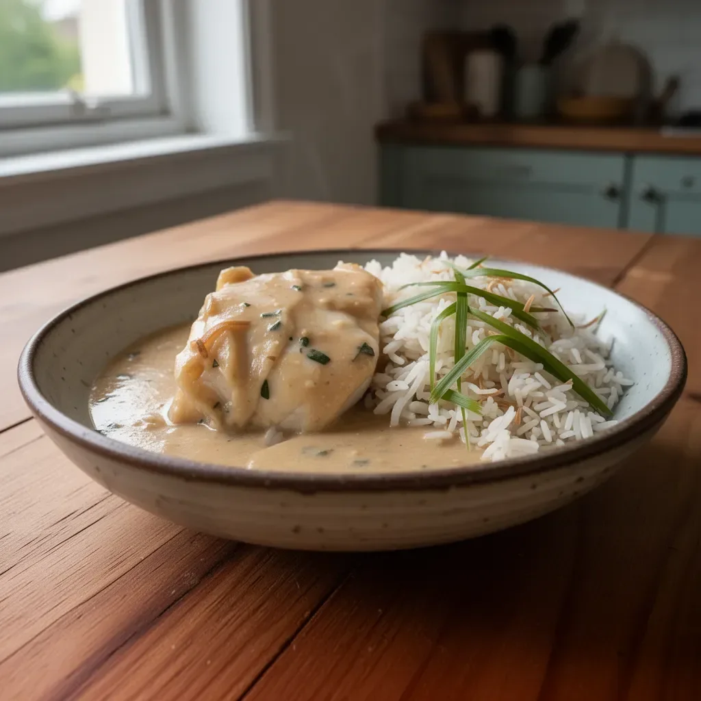 Miso-Coconut Poached Cod served with Pandan Rice on a white plate