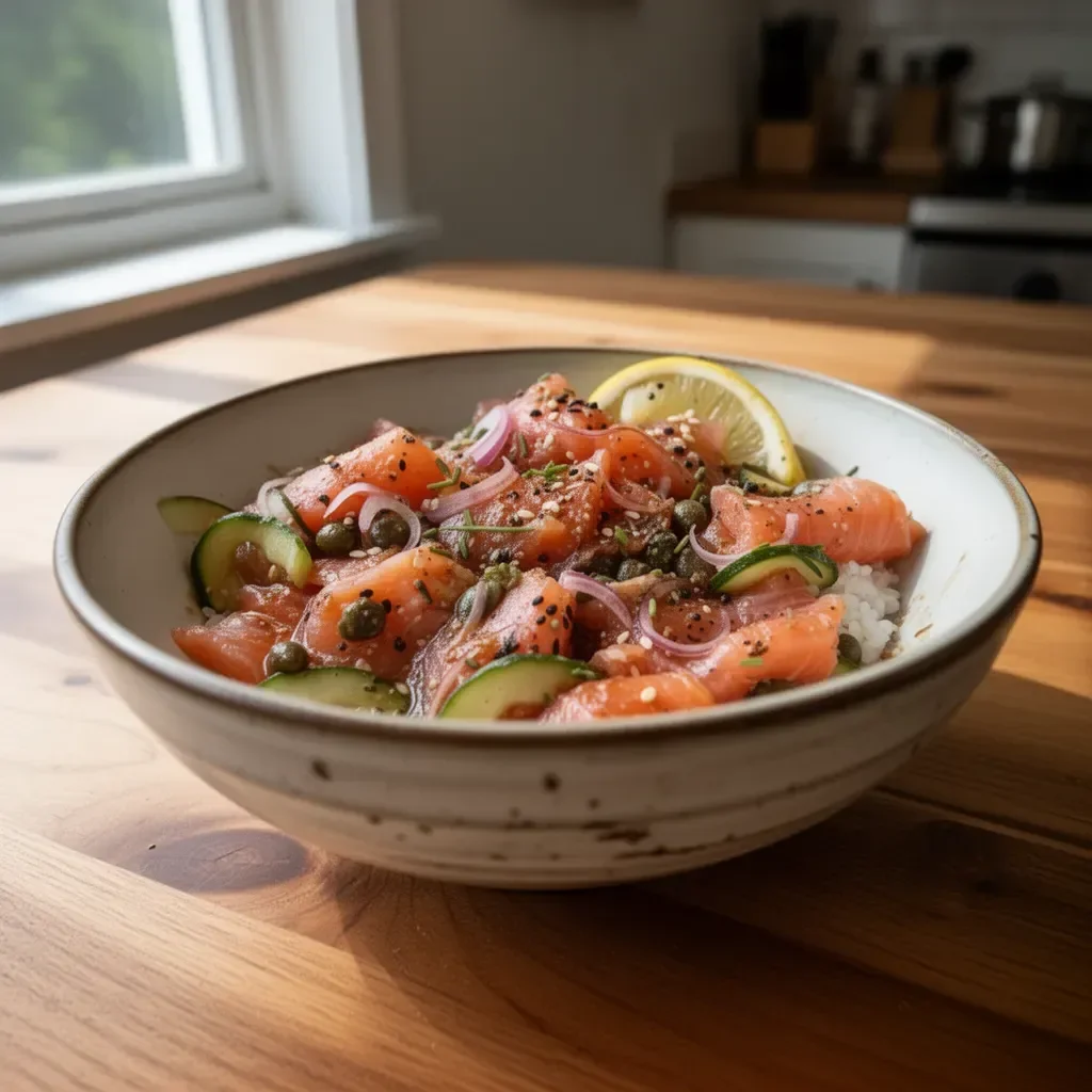 Miso Soy Salmon Sashimi Bowl with fresh salmon sashimi and garnishes