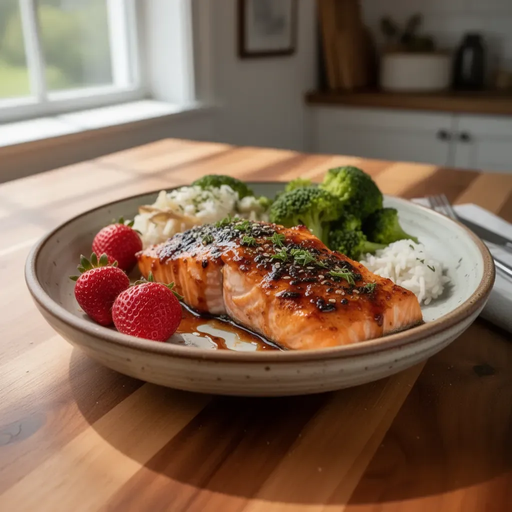 Deliciously baked maple glazed salmon fillet garnished with herbs