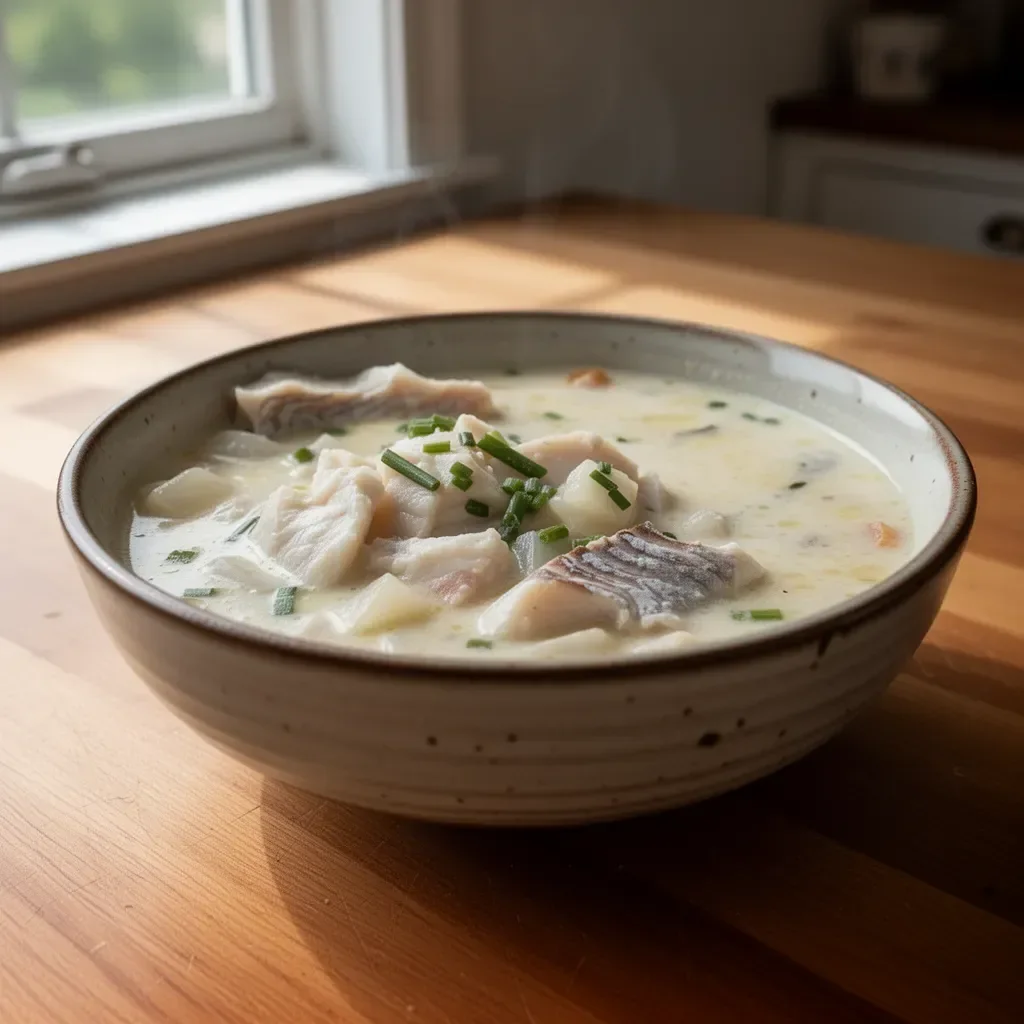 Bowl of creamy New England Fish Chowder with fresh seafood and herbs