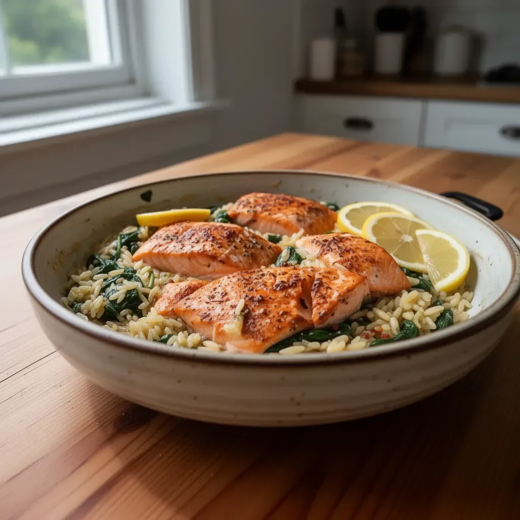 One skillet salmon served with lemon orzo on a rustic plate.