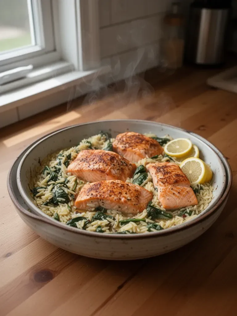 One Skillet Salmon with Lemon Orzo
