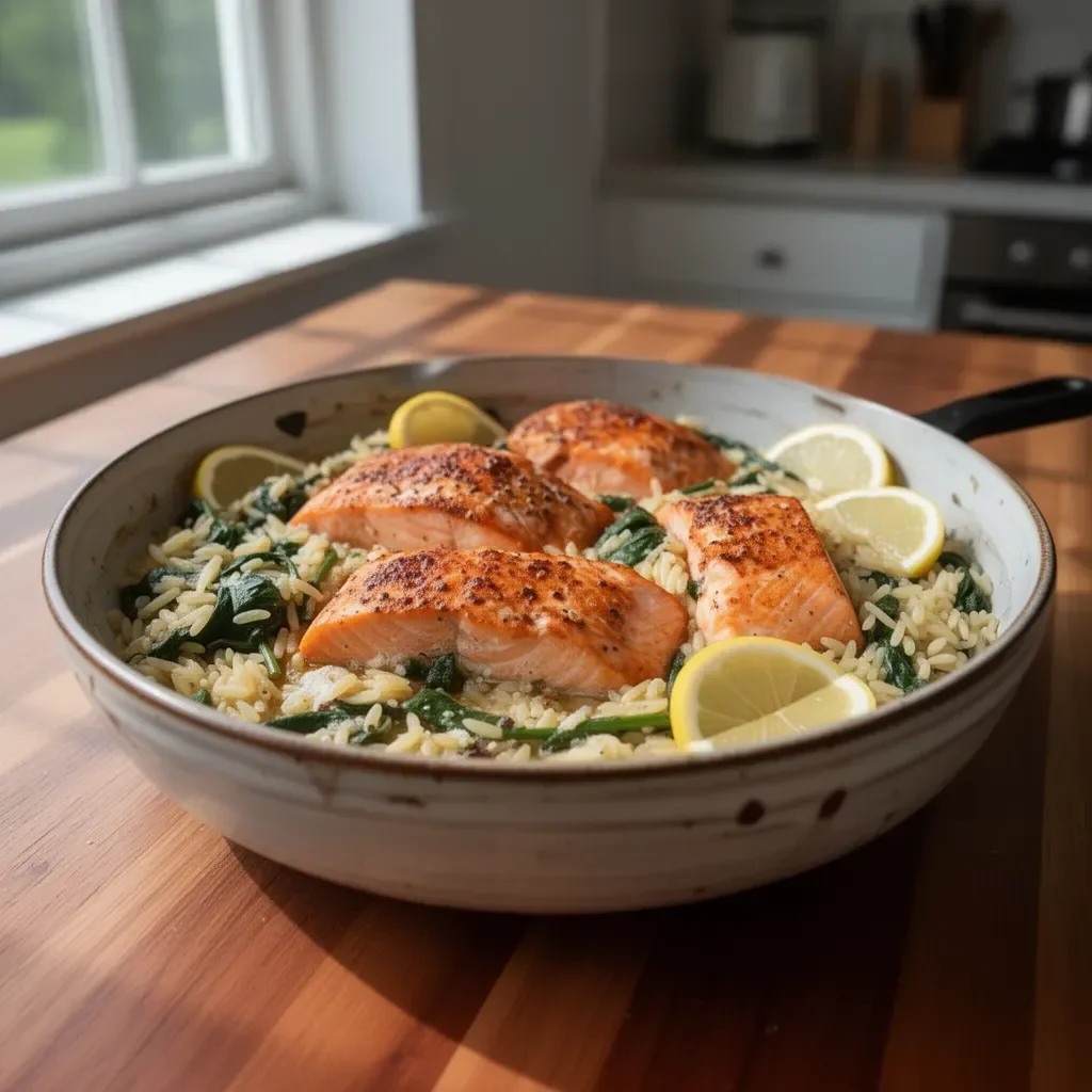One Skillet Salmon served with Lemon Orzo in a beautiful, colorful dish