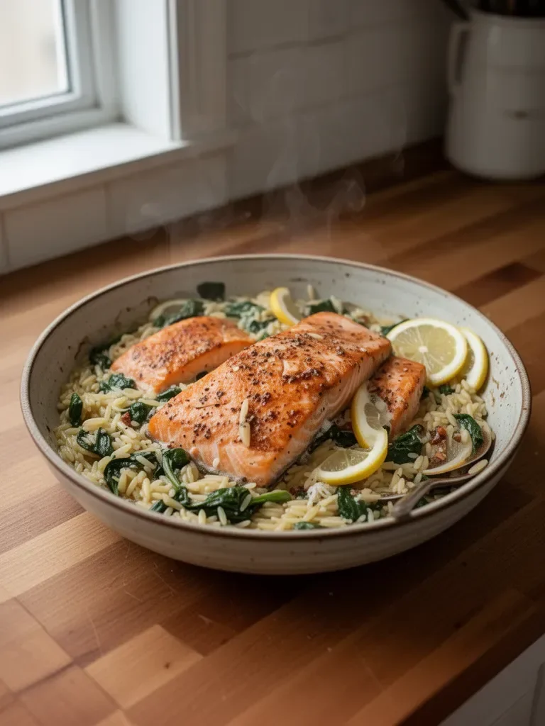 One Skillet Salmon with Lemon Orzo