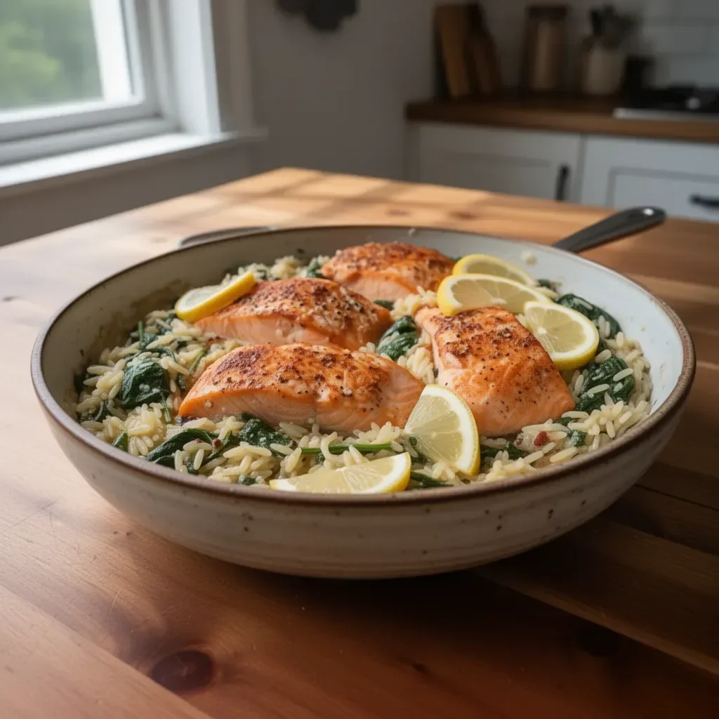 One Skillet Salmon with Lemon Orzo dish, showcasing vibrant flavors and ingredients
