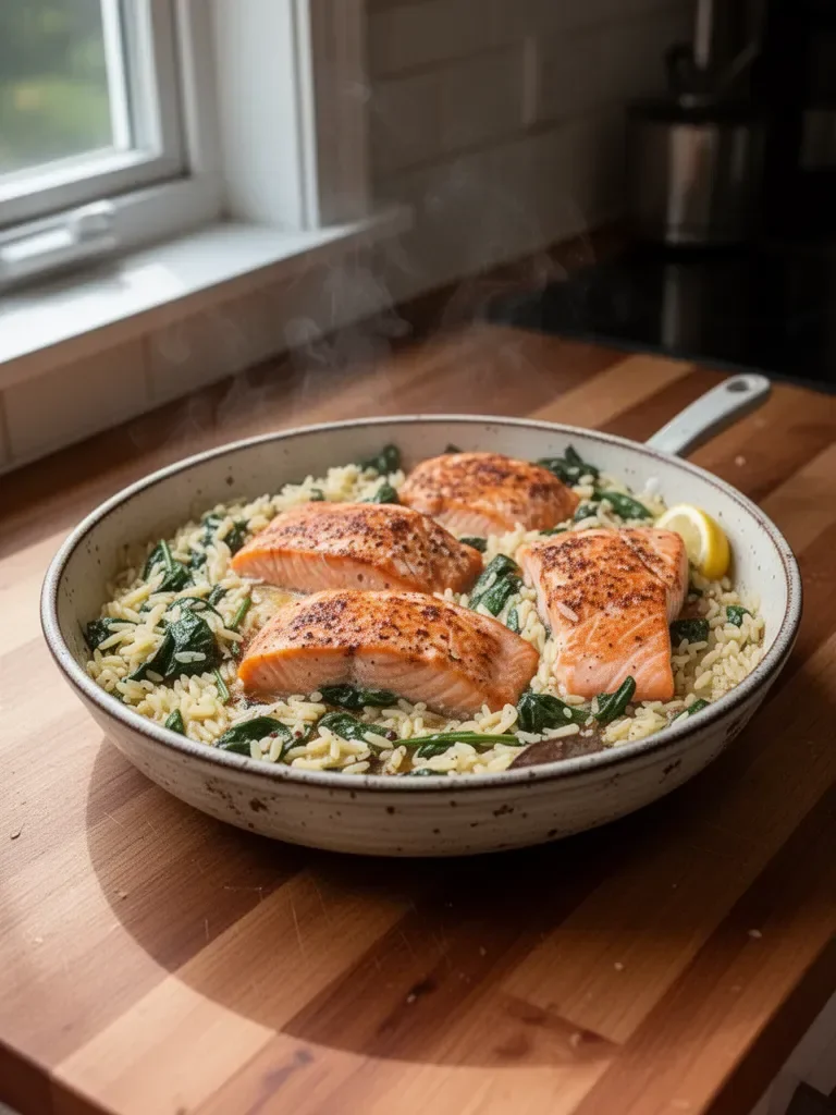 One Skillet Salmon with Lemon Orzo