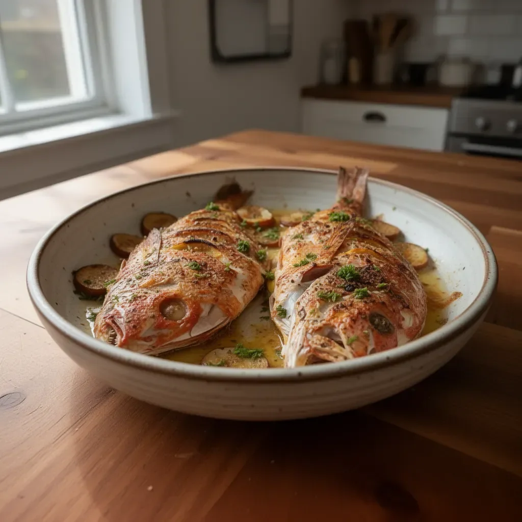 Oven baked whole yellowtail snapper garnished with herbs and lemon slices