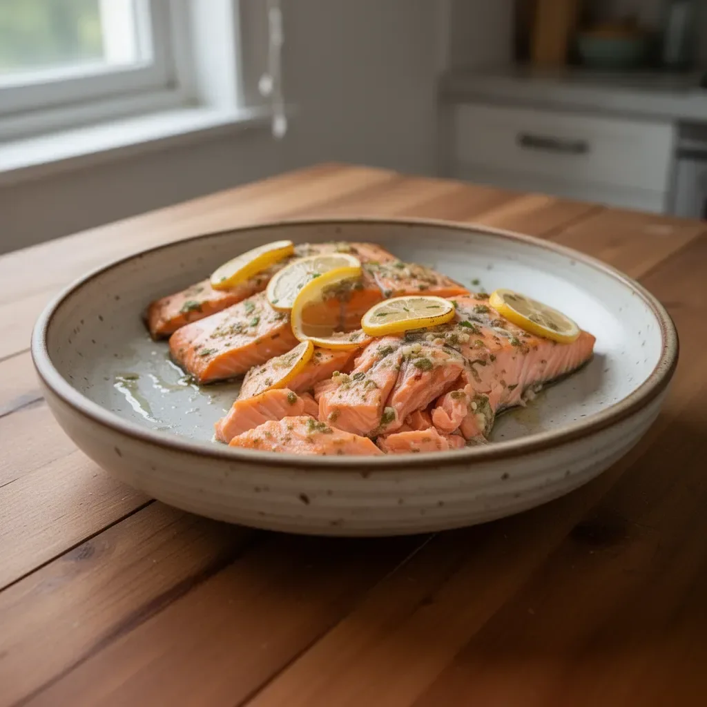 Oven roasted salmon garnished with herbs and lemon, served on a plate.