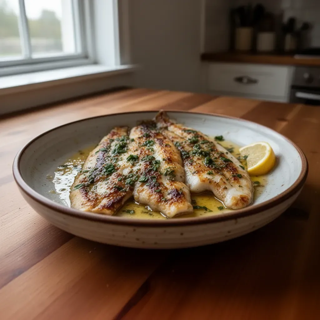 Pan-seared flounder topped with brown butter and lemon served on a plate