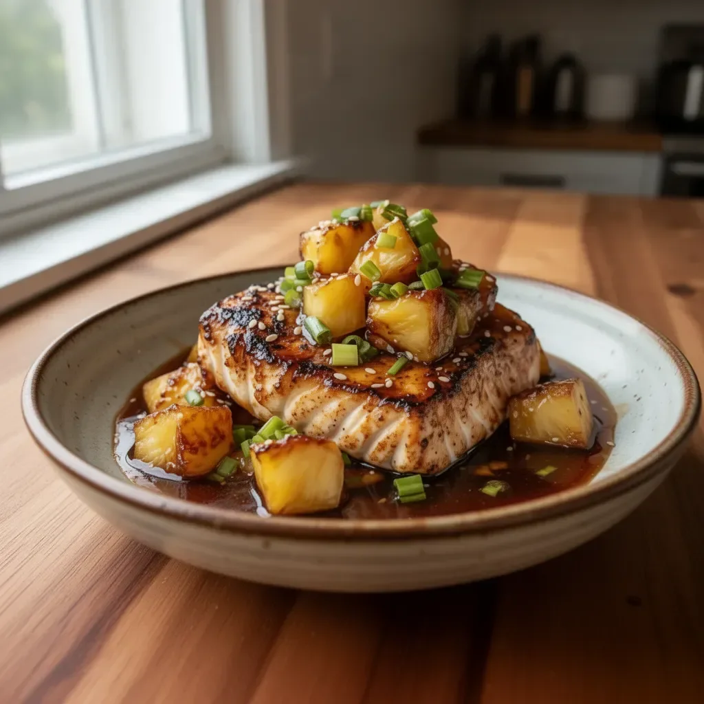 Pan-Seared Mahi Mahi with Pineapple Teriyaki Glaze on a plate