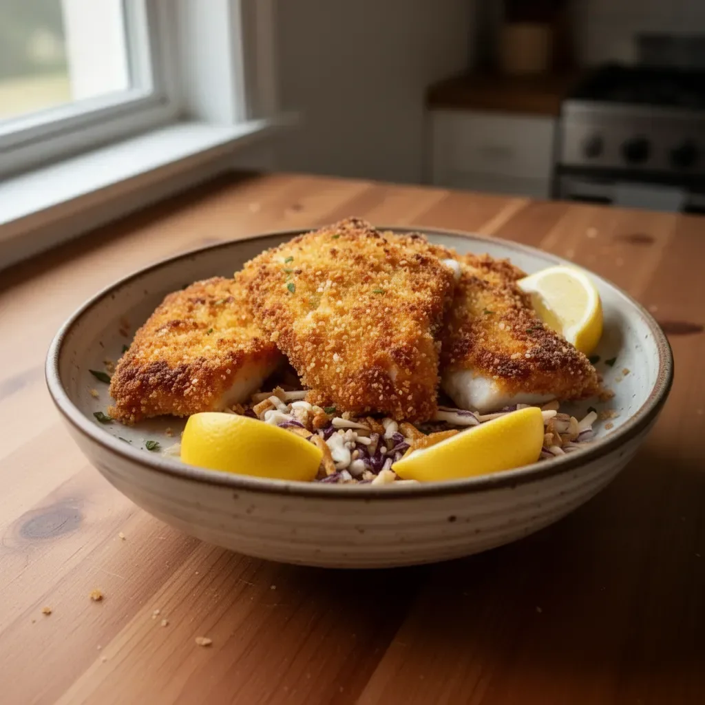 Panko-crusted fried fish served with lemon and fresh herbs