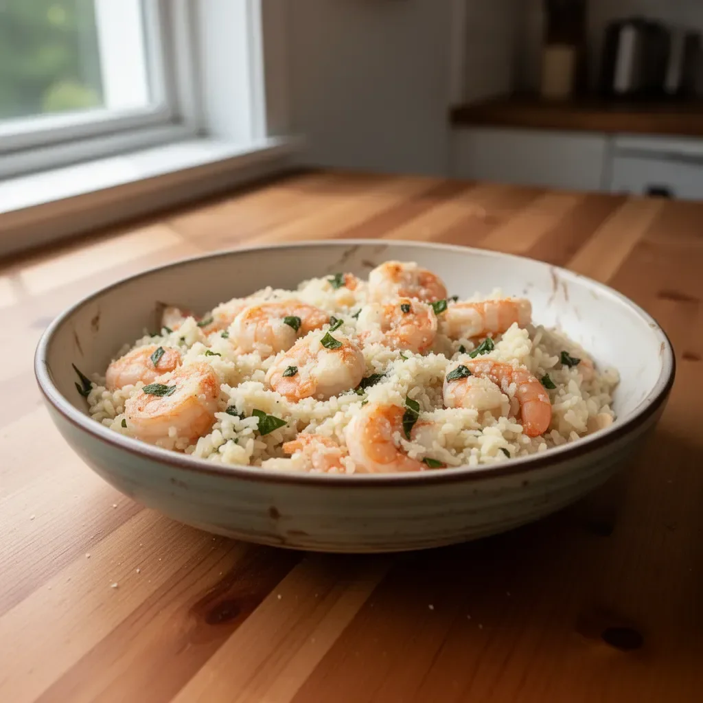 Delicious Parmesan Basil Shrimp served over rice, garnished with fresh basil.