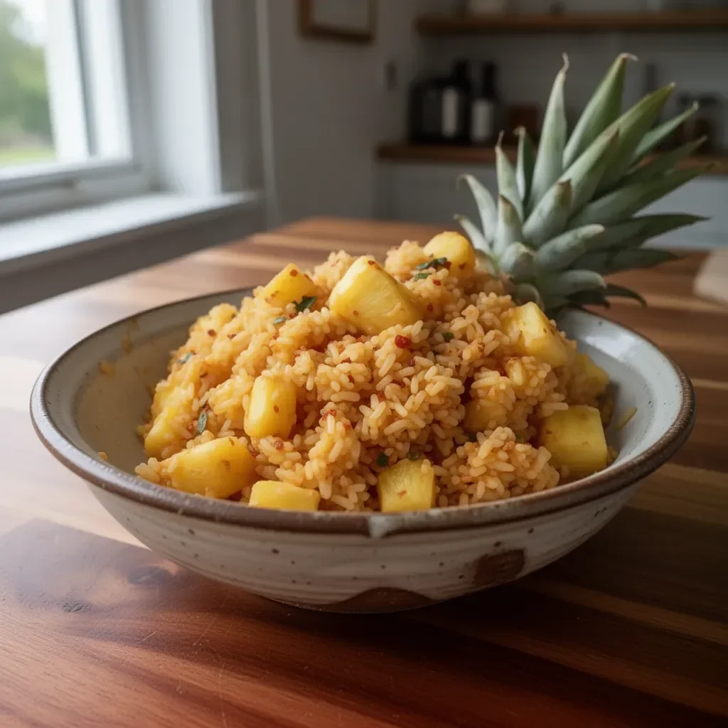 Delicious homemade pineapple rice served in a bowl with fresh ingredients.
