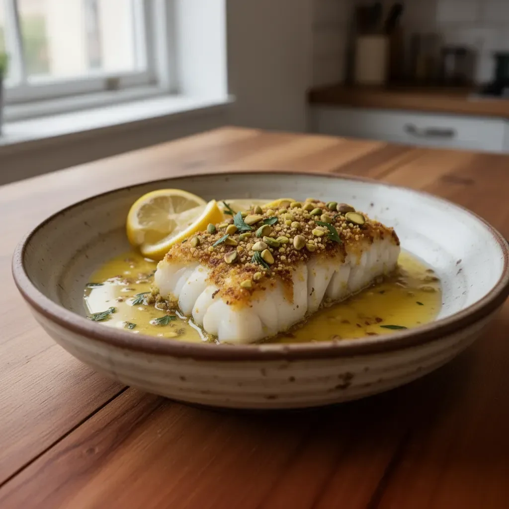 Pistache en croûte de morue with lemon butter sauce on a plate