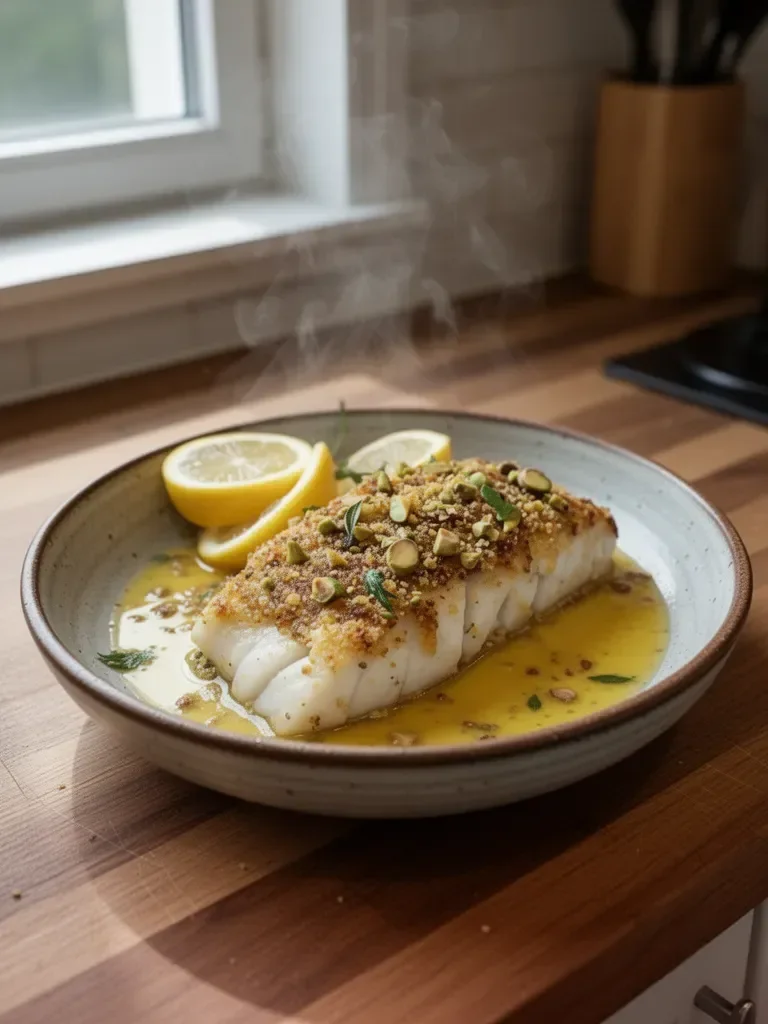 Pistache en croûte de morue avec sauce au beurre citronné