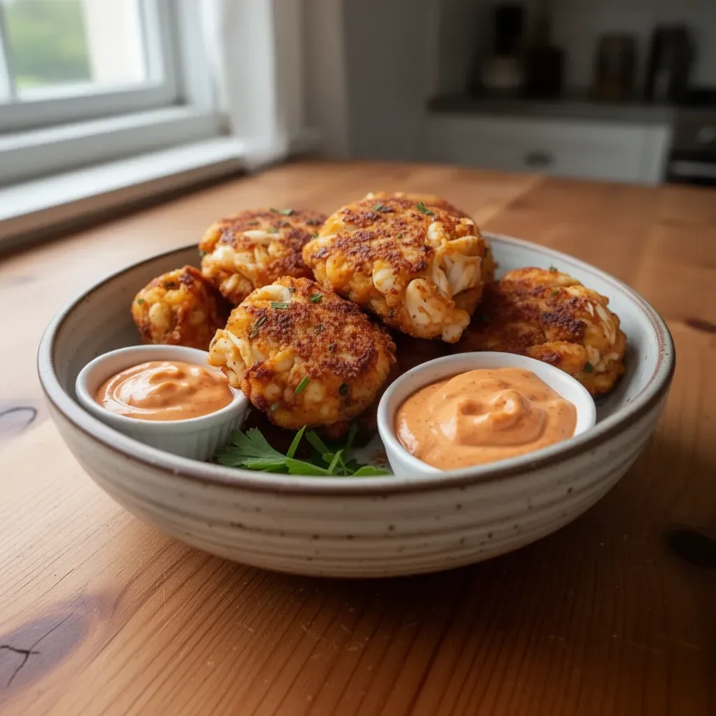 Quick air fryer crab cakes served on a plate with dipping sauce