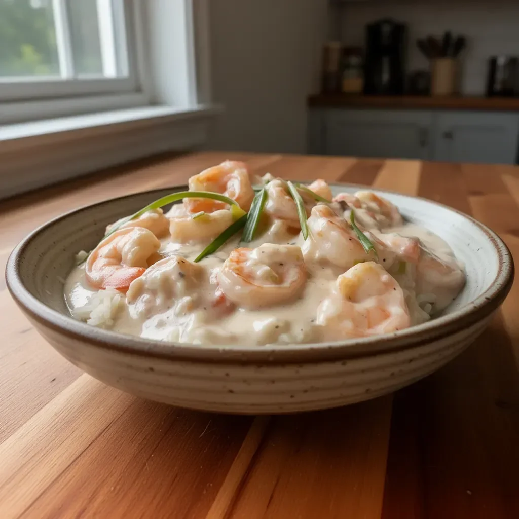 Delicious creamy coconut shrimp dish served with herbs and spices