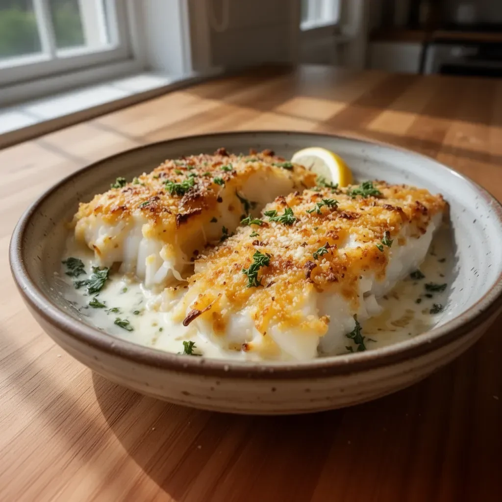Quick baked cod with mayo and parmesan recipe