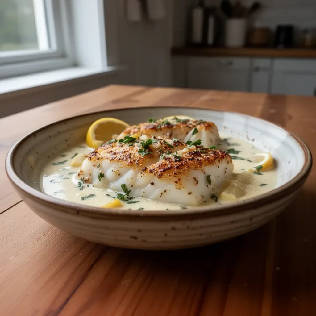 Delicious lemon coconut baked cod served with fresh herbs and vegetables