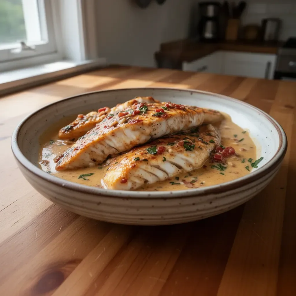 Red Snapper fillet topped with creamy Creole sauce served on a plate