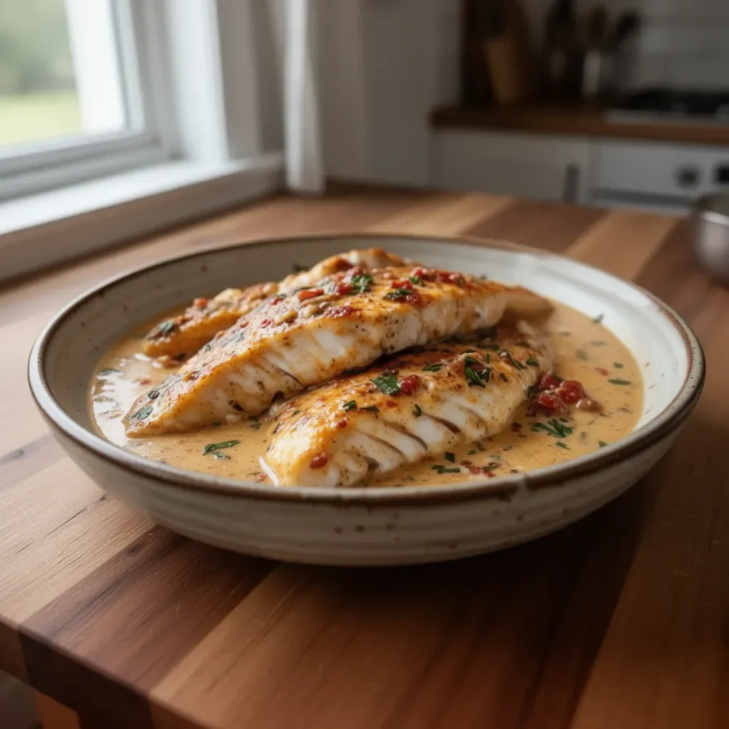 Plate of red snapper topped with creamy Creole sauce, garnished with herbs