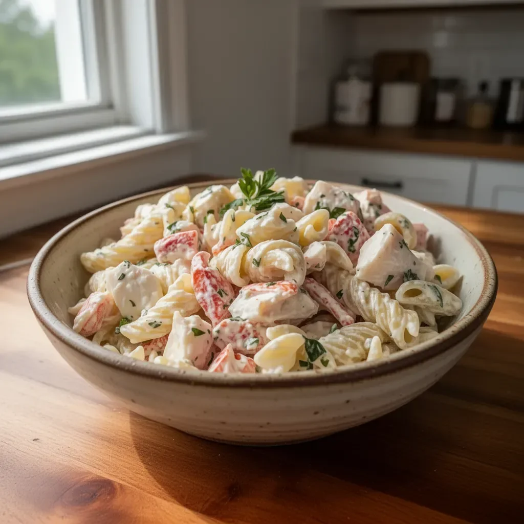 Refreshing Crab Pasta Salad ideal for summer gatherings and picnics.