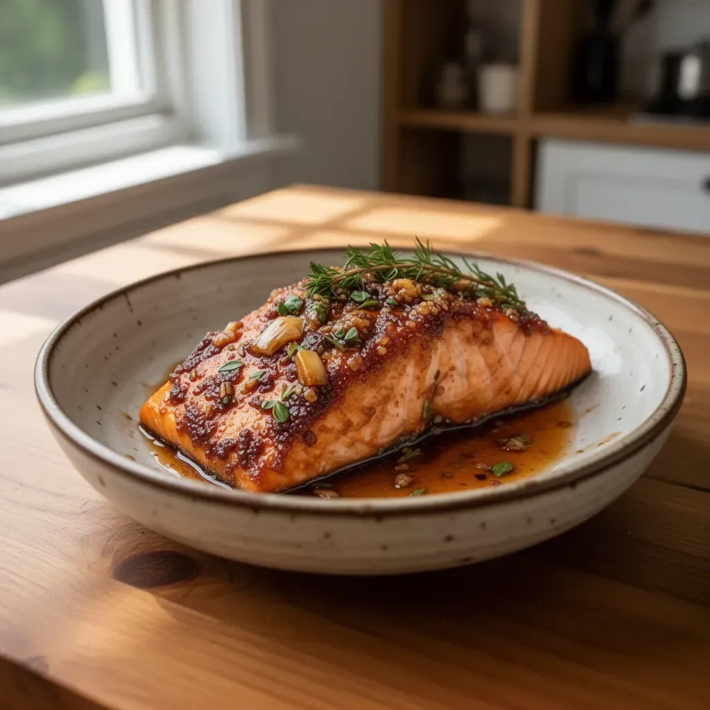 Salmon fillet with brown sugar garlic glaze on a plate