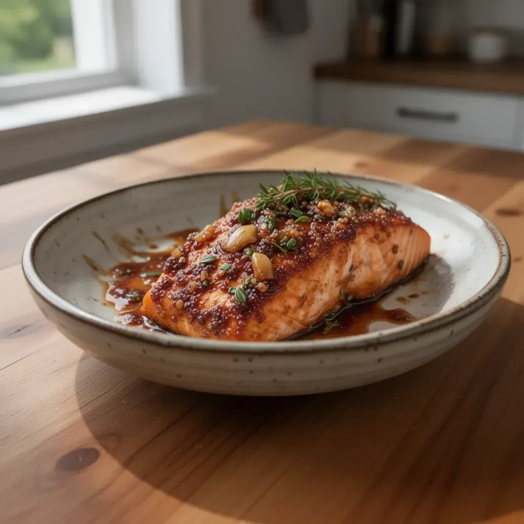 Salmon fillet with a rich brown sugar garlic glaze served on a plate