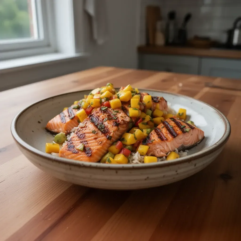 Grilled salmon fillet topped with colorful mango salsa, garnished with cilantro.