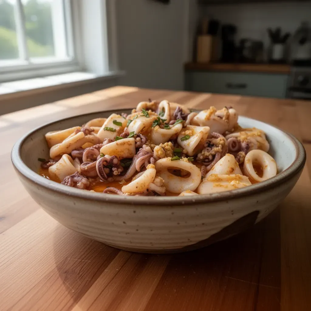 Sautéed Cajun calamari served with spicy seasoning and garnished for a delightful meal.