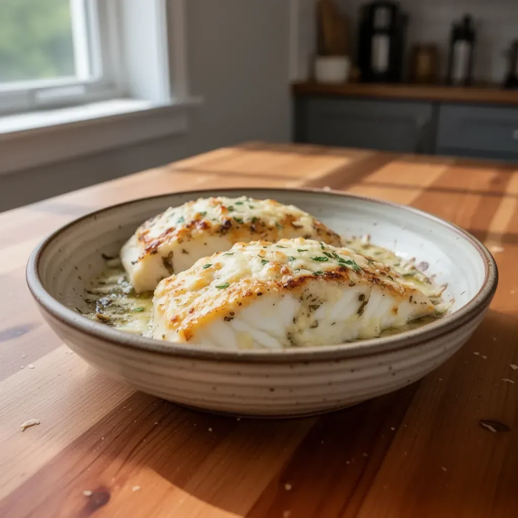 Savory Garlic Parmesan Baked Halibut on a plate, garnished with herbs