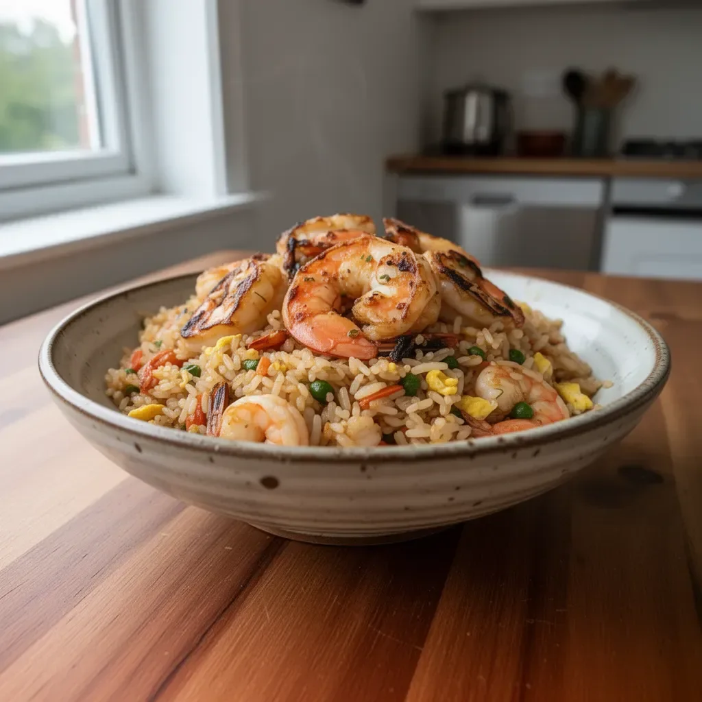 Delicious Seafood Fried Rice with shrimp, crab, and vegetables in a bowl