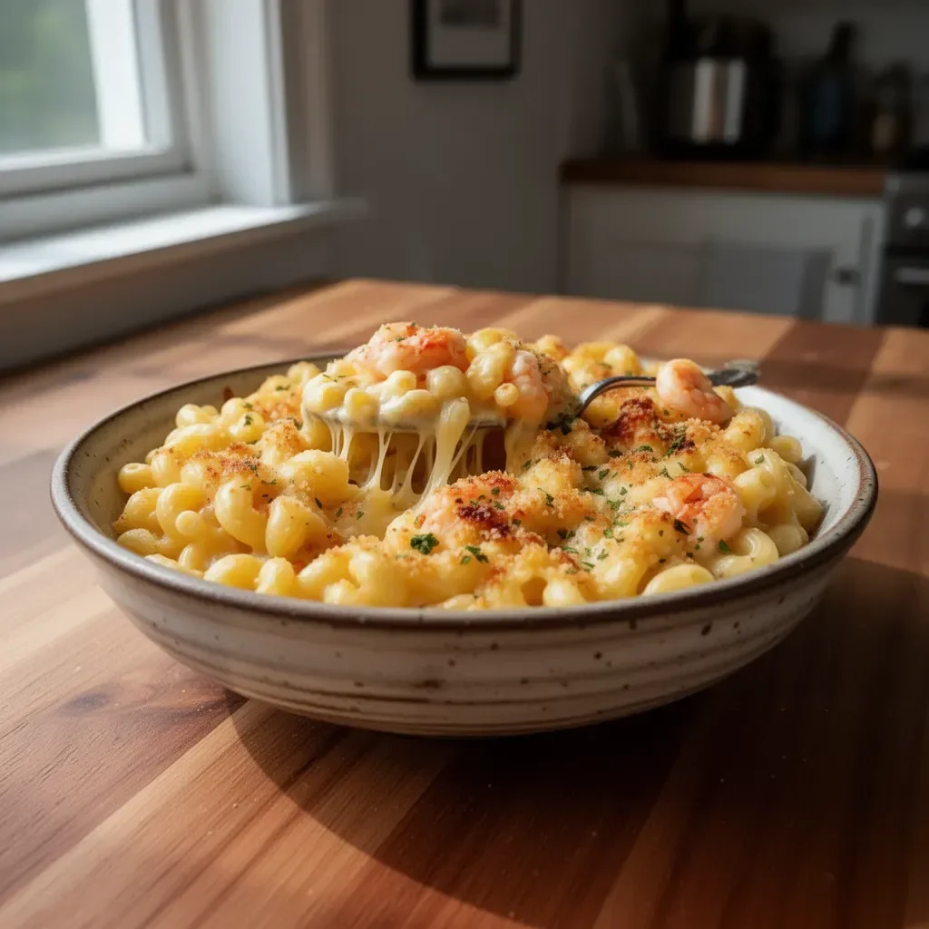 Delicious Seafood Mac and Cheese topped with shrimp and crab