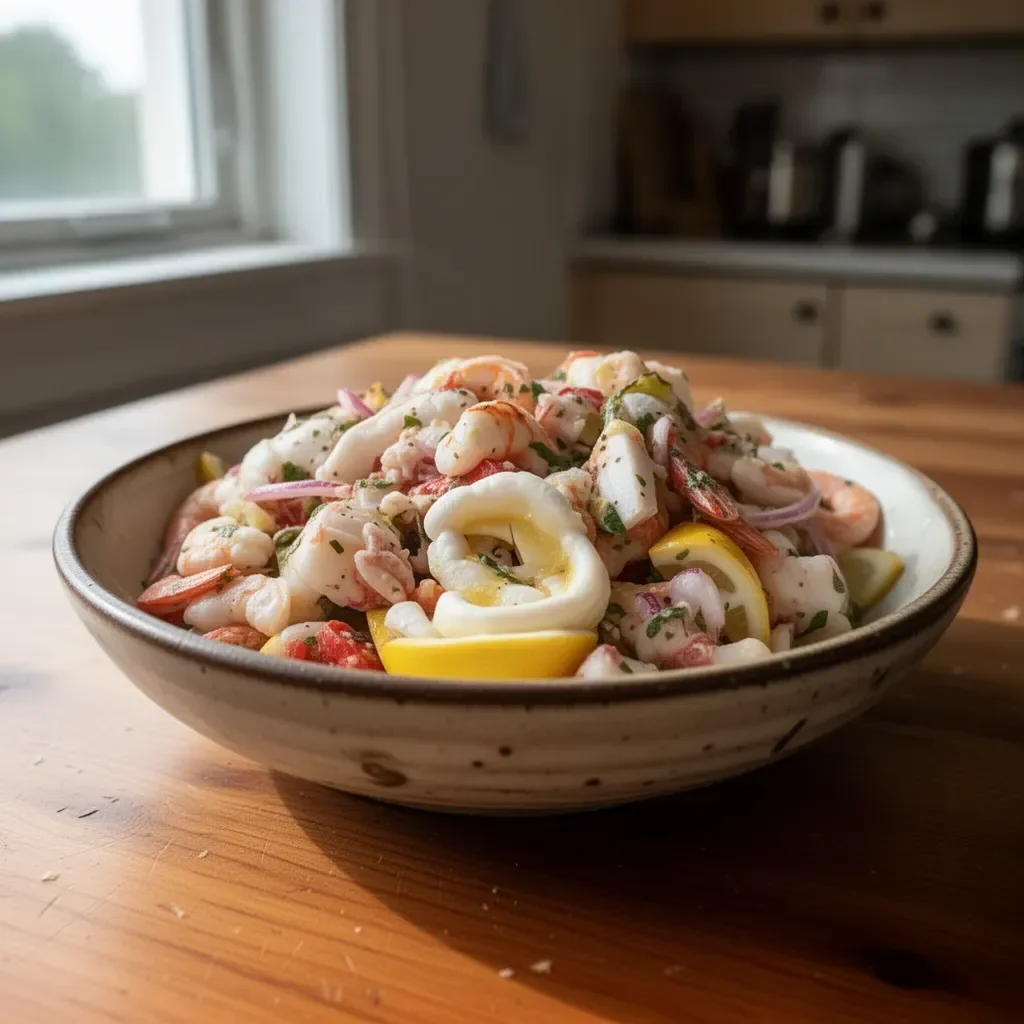 A vibrant Seafood Salad with fresh shrimp, crab, and vegetables in a bowl.