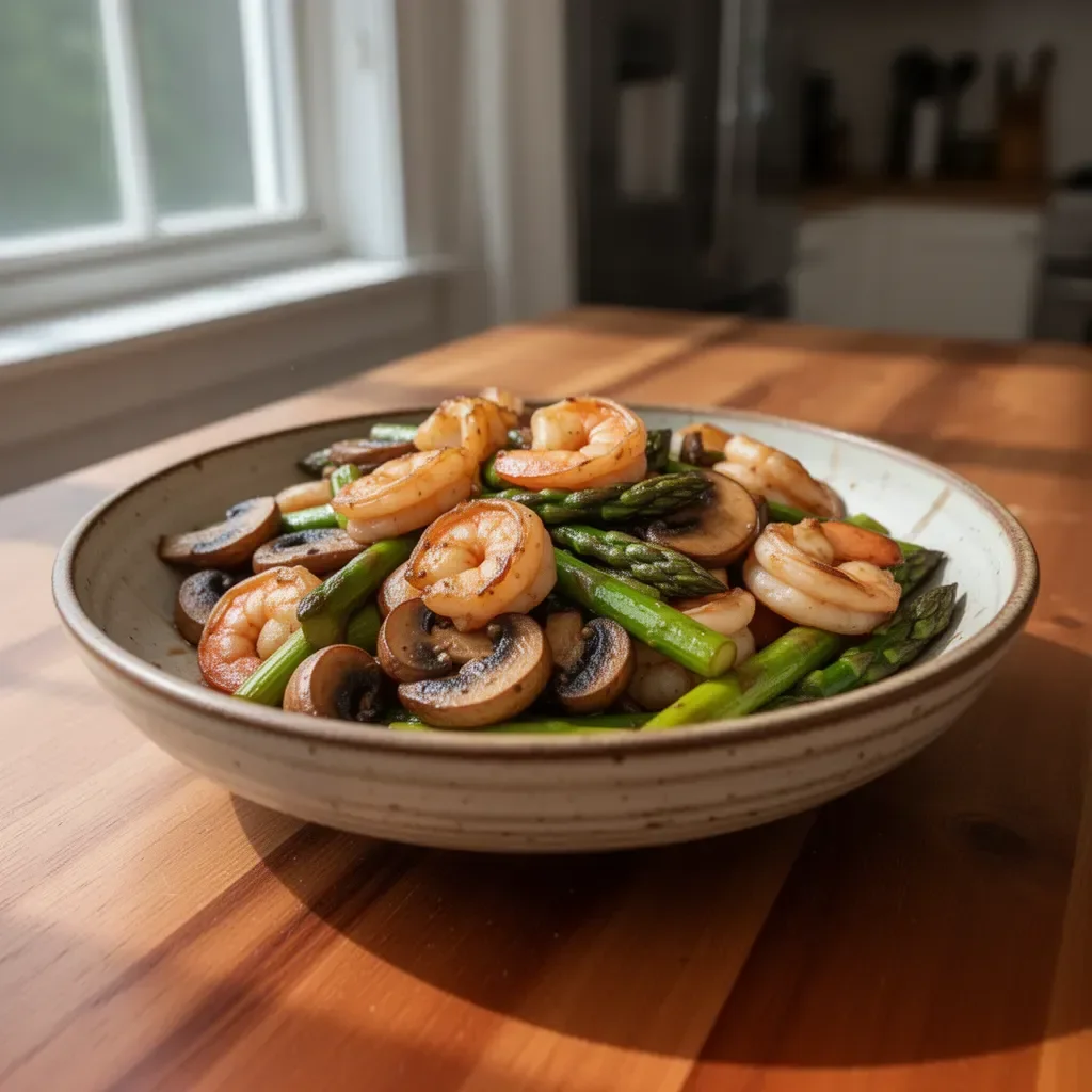 Shrimp stir-fry with asparagus and mushrooms on a plate