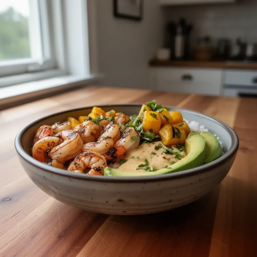 Colorful Shrimp Avocado Bowls with fresh ingredients in a vibrant dish.