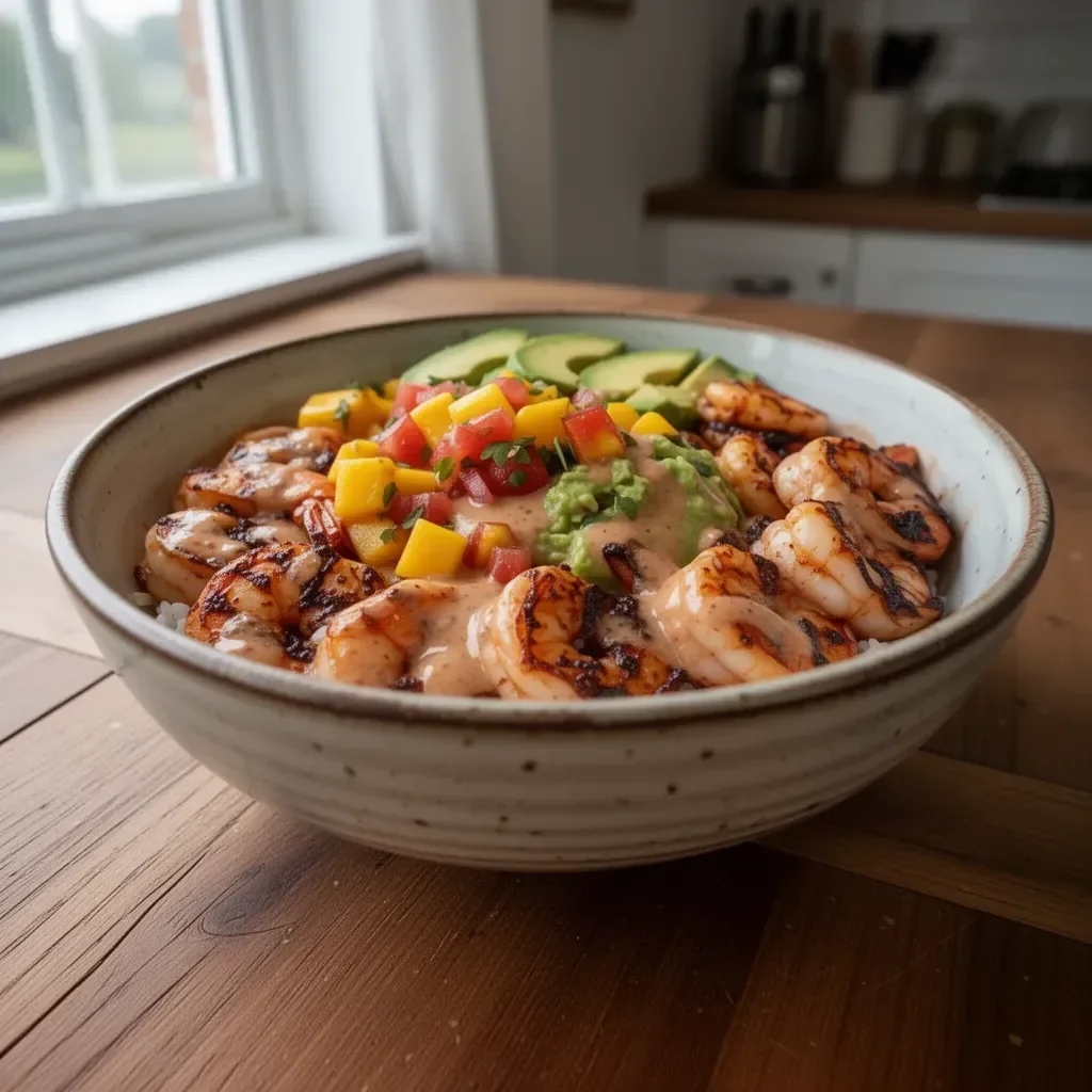 Shrimp avocado bowls with mango salsa and lime-chili sauce