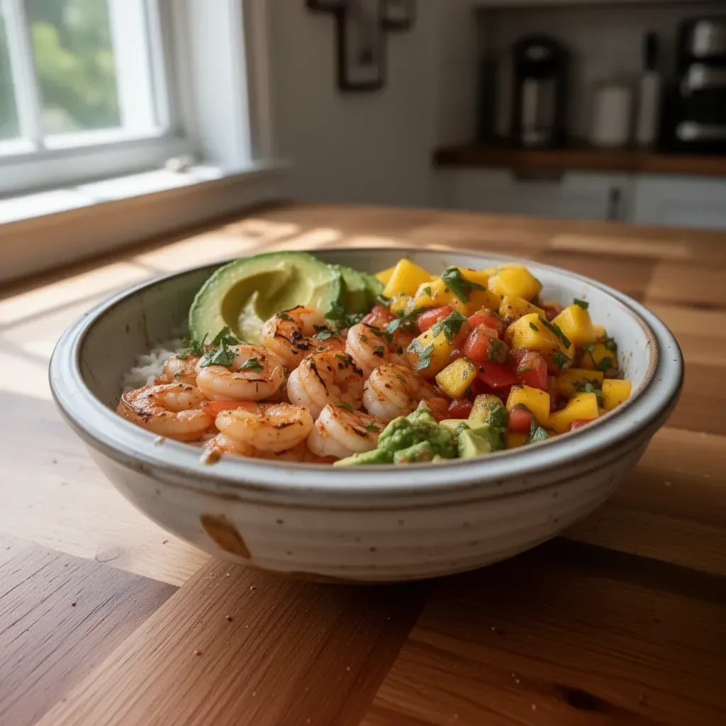 Delicious shrimp avocado bowls with mango salsa and lime-chili sauce.