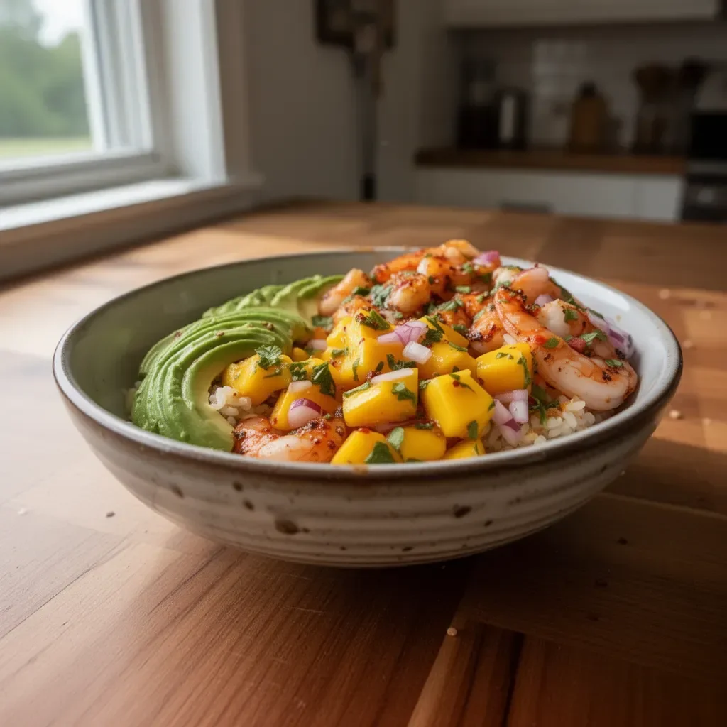 Shrimp avocado bowls with mango salsa and lime-chili sauce on a wooden table